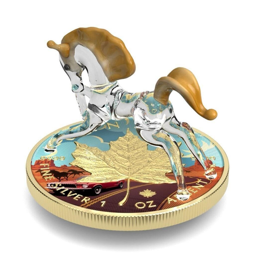 1 Oz Silver Coin 2022 $5 Canada Maple Leaf Murano Glass Series - Mustang Horse-classypw.com-2