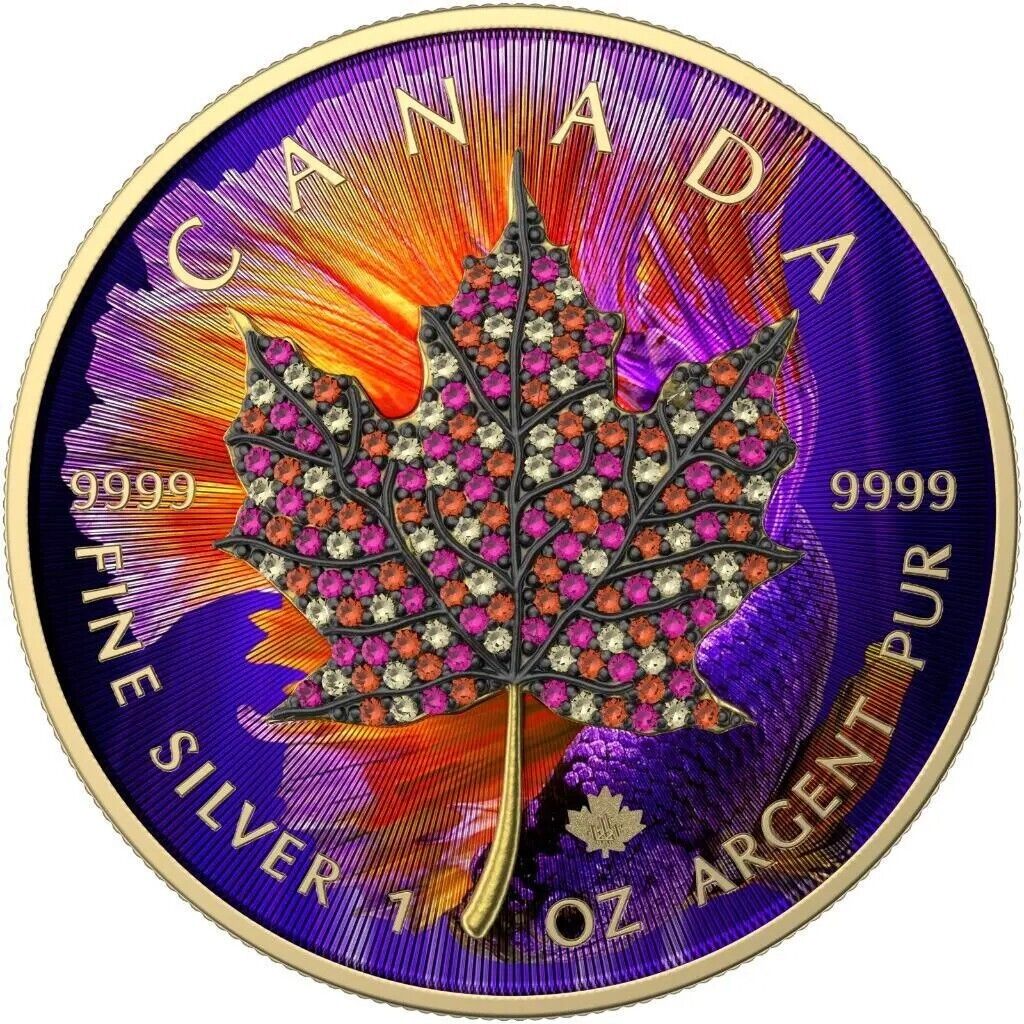 1 Oz Silver Coin 2022 Canada $5 Maple Leaf Seasons October Bejeweled Leaf Insert-classypw.com-1