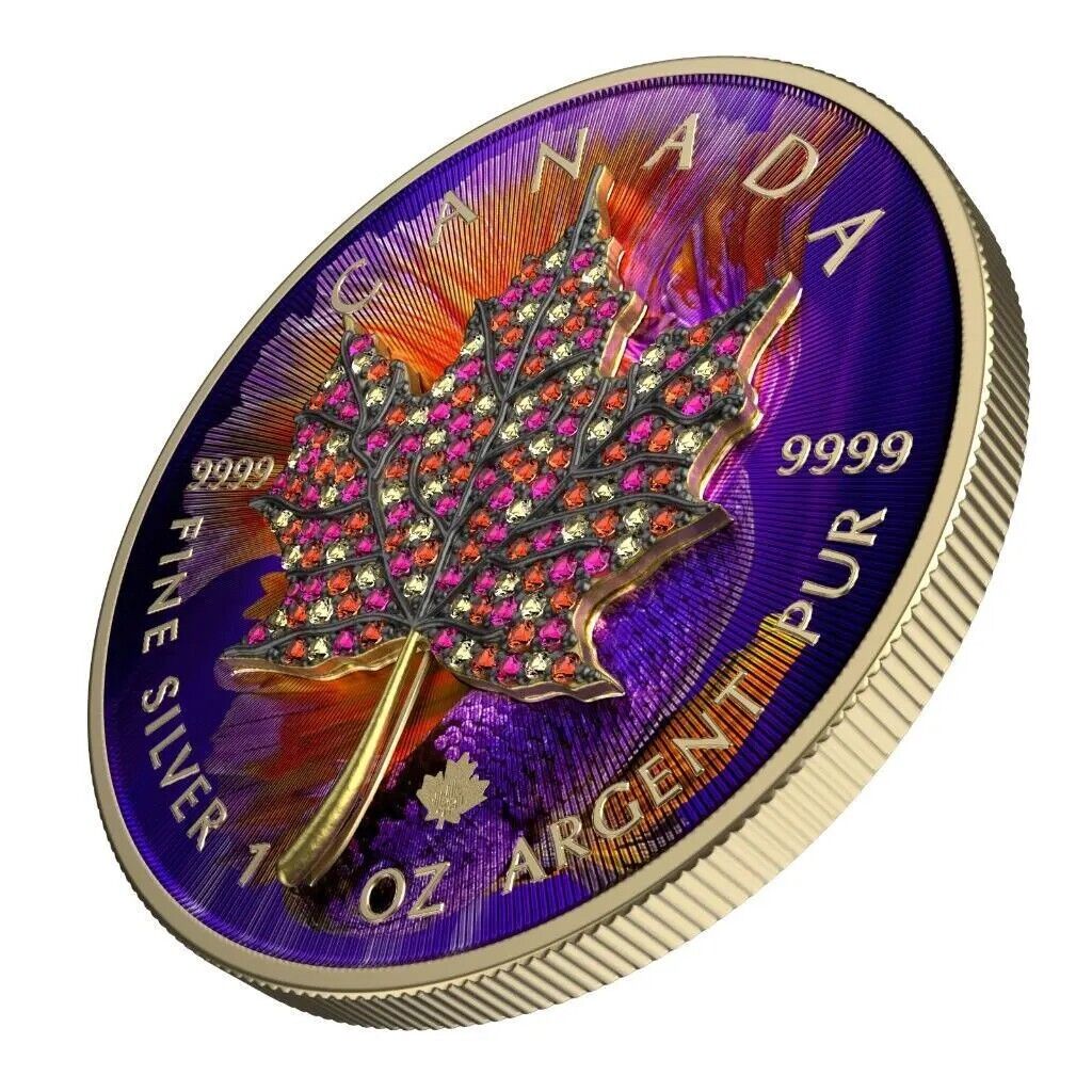 1 Oz Silver Coin 2022 Canada $5 Maple Leaf Seasons October Bejeweled Leaf Insert-classypw.com-2