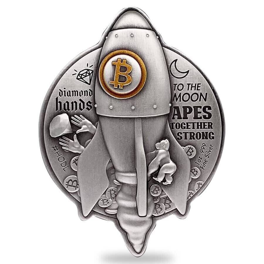 1 Oz Silver Coin 2022 Chad 5000 CFA Bitcoin Rocket Shaped Antiqued High Relief-classypw.com-1