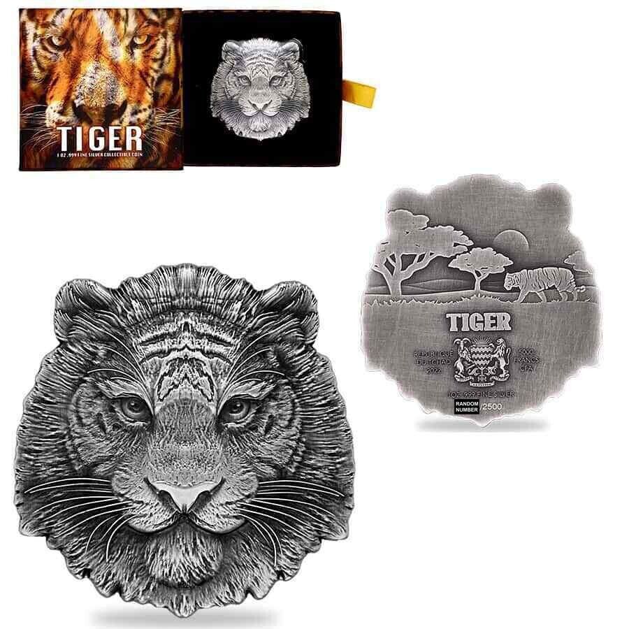1 Oz Silver Coin 2022 Chad 5000 Francs CFA Tiger Shaped High Relief Coin-classypw.com-1