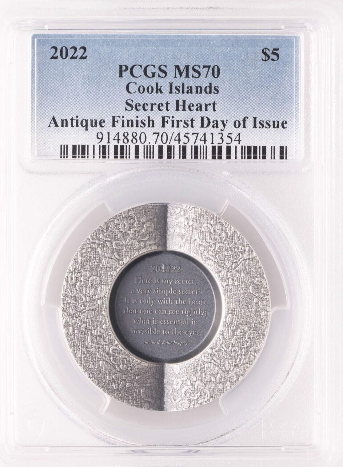 1 Oz Silver Coin 2022 Cook Islands $5 Secret Heart Antique High Relief PCGS MS70-classypw.com-1