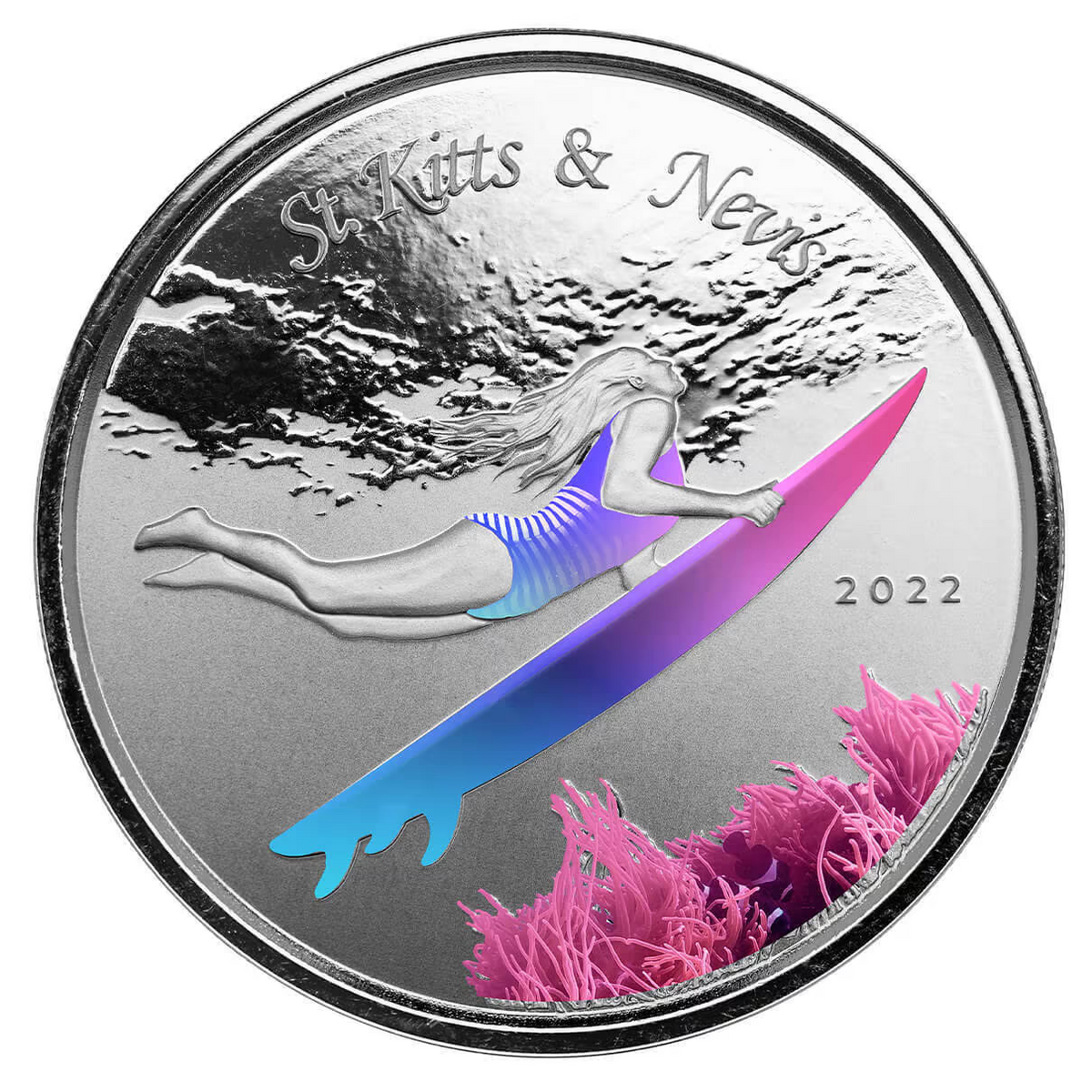 1 Oz Silver Coin 2022 EC8 Saint Kitts &amp; Nevis $2 Color Proof - Underwater Surfer-classypw.com-1
