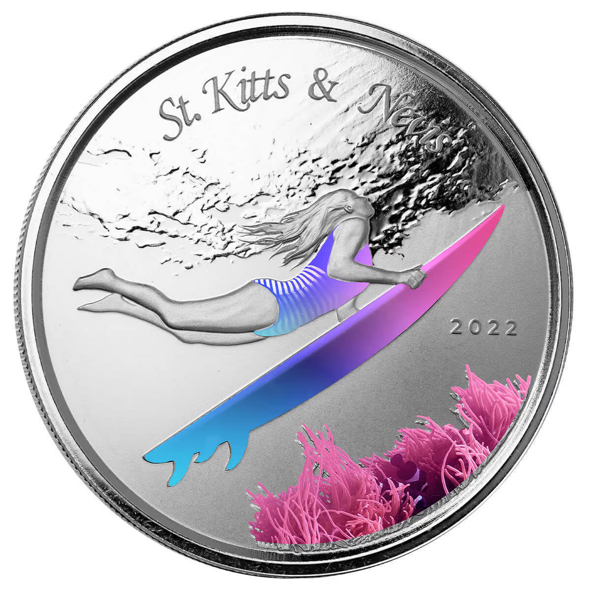 1 Oz Silver Coin 2022 EC8 Saint Kitts &amp; Nevis $2 Color Proof - Underwater Surfer-classypw.com-2