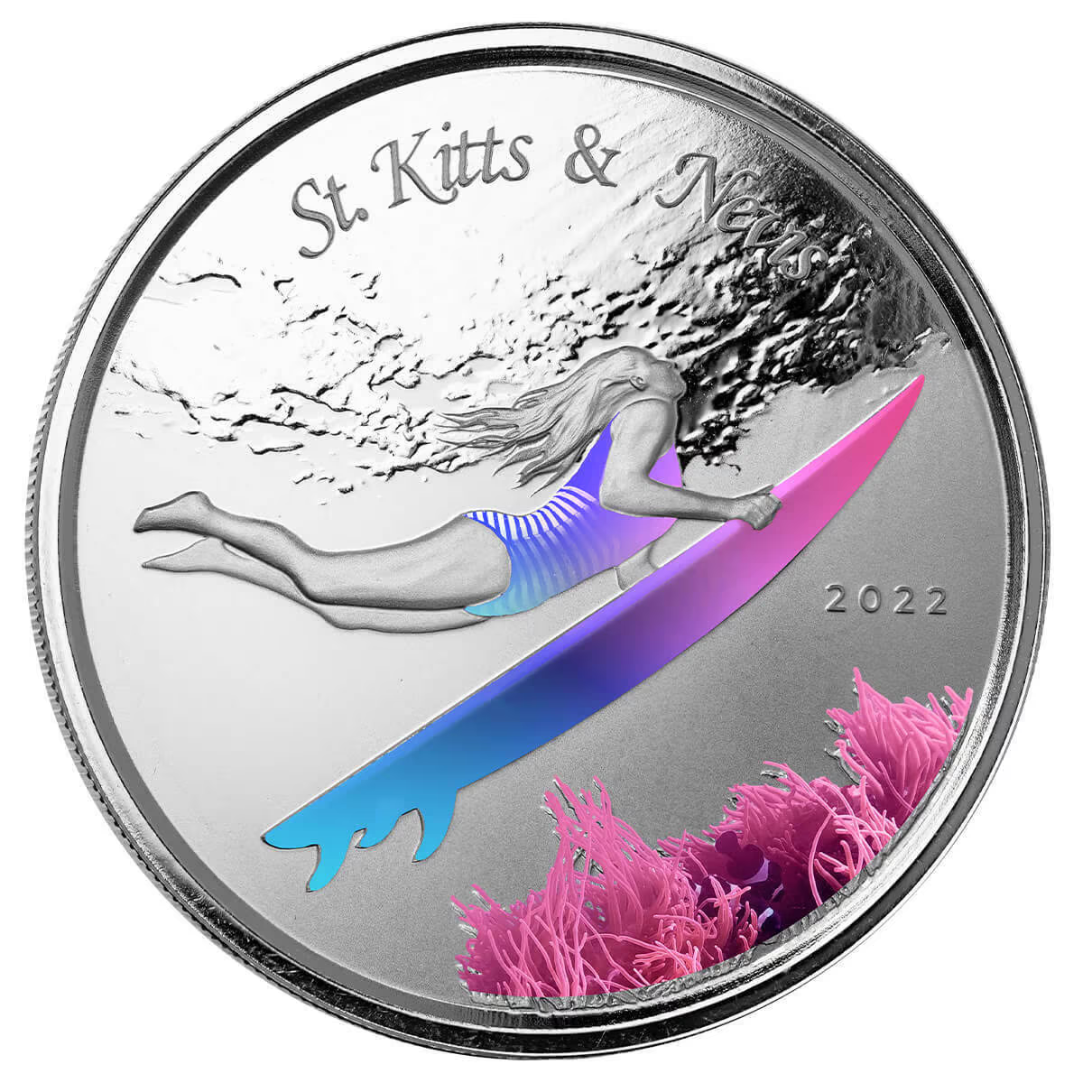 1 Oz Silver Coin 2022 EC8 Saint Kitts & Nevis $2 Color Proof - Underwater Surfer-classypw.com-2