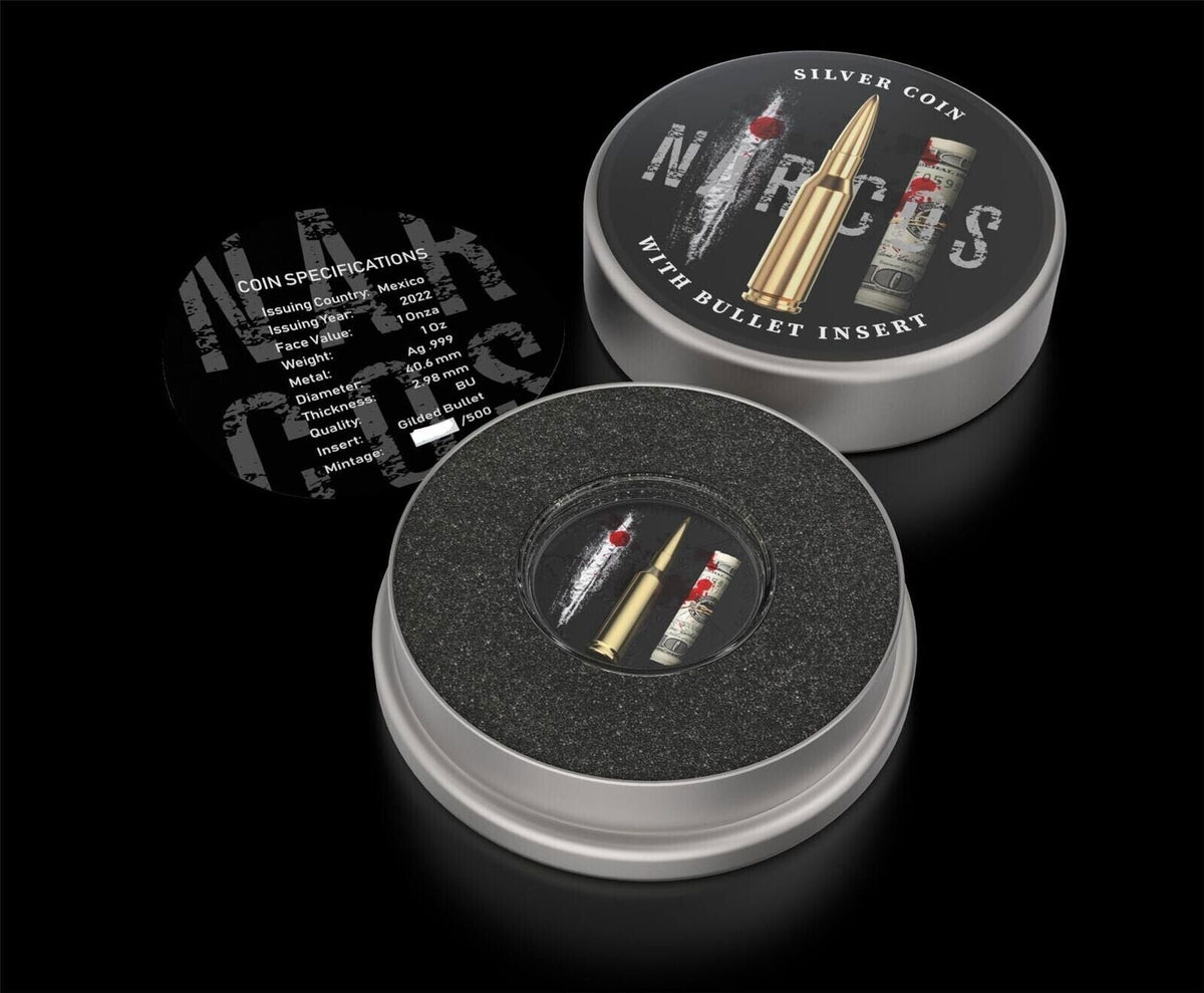 1 Oz Silver Coin 2022 Mexico Libertad Narcos 3D Gilded Bullet Insert Money Power-classypw.com-10