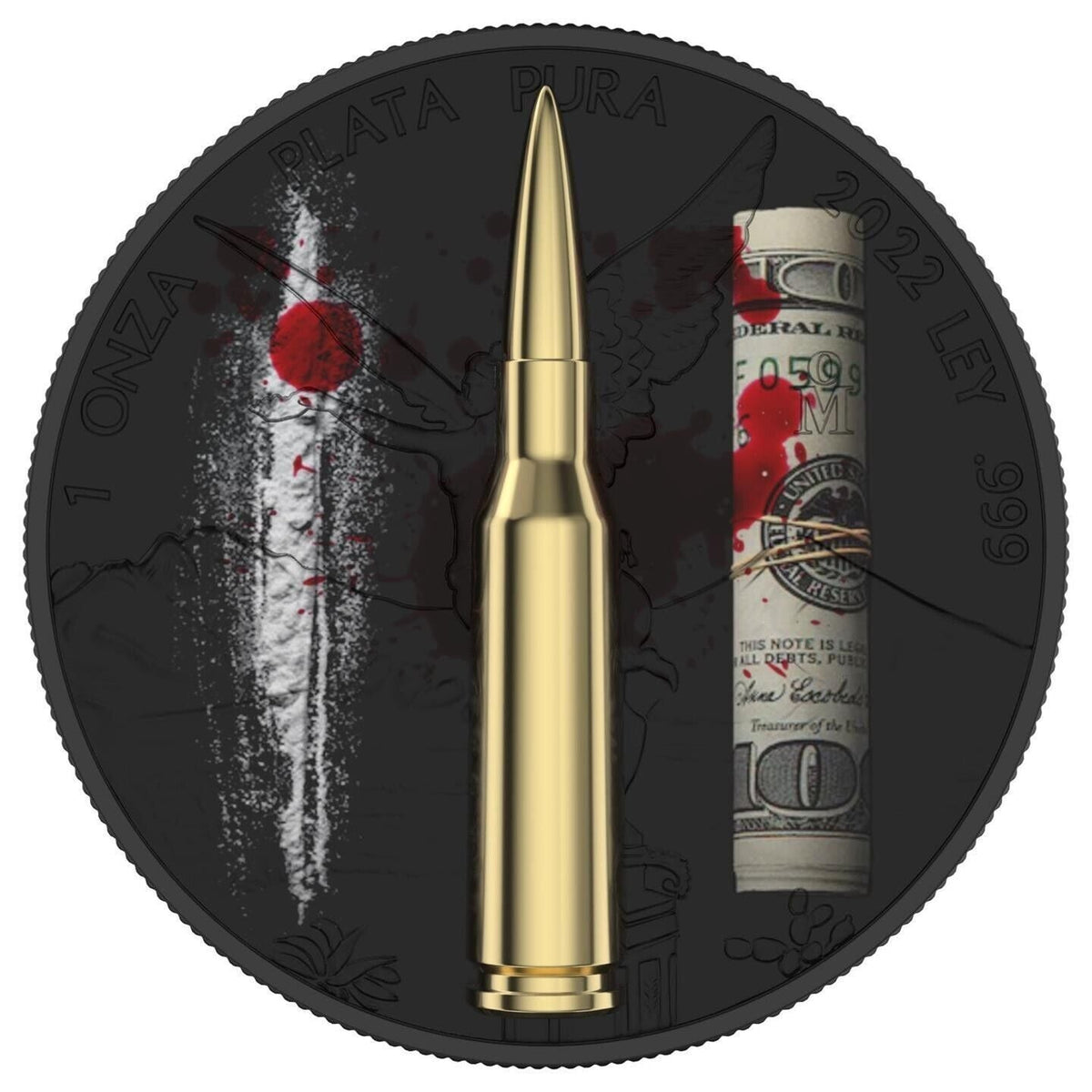 1 Oz Silver Coin 2022 Mexico Libertad Narcos 3D Gilded Bullet Insert Money Power-classypw.com-7