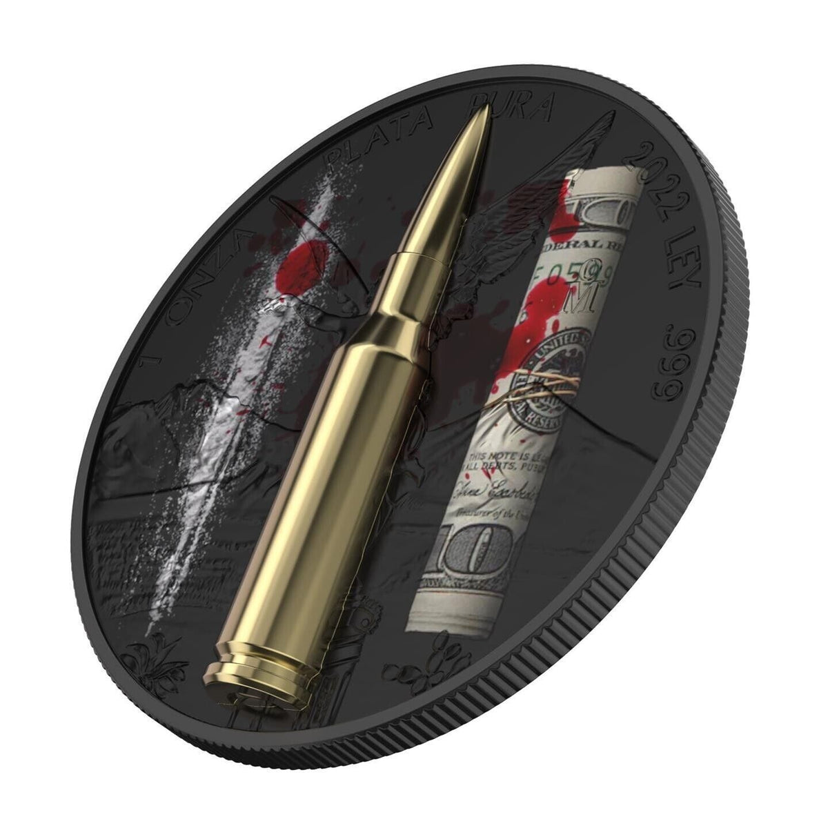 1 Oz Silver Coin 2022 Mexico Libertad Narcos 3D Gilded Bullet Insert Money Power-classypw.com-8