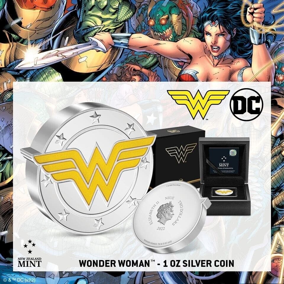 1 Oz Silver Coin 2022 Niue $2 DC Comics Wonder Woman Logo Silver Colorized Proof