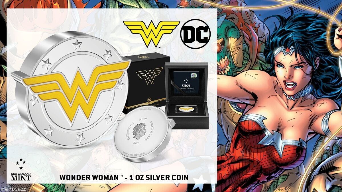 1 Oz Silver Coin 2022 Niue $2 DC Comics Wonder Woman Logo Silver Colorized Proof