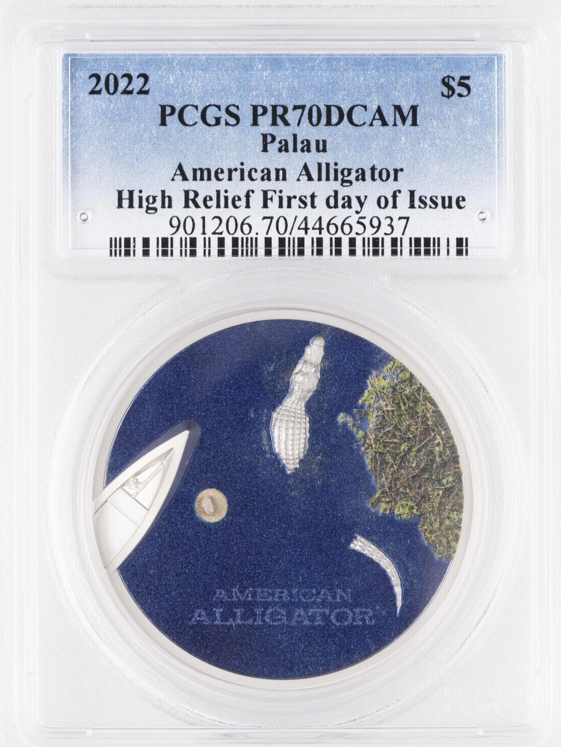1 Oz Silver Coin 2022 Palau $5 American Alligator High Relief PCGS PR70DCAM Slab-classypw.com-1