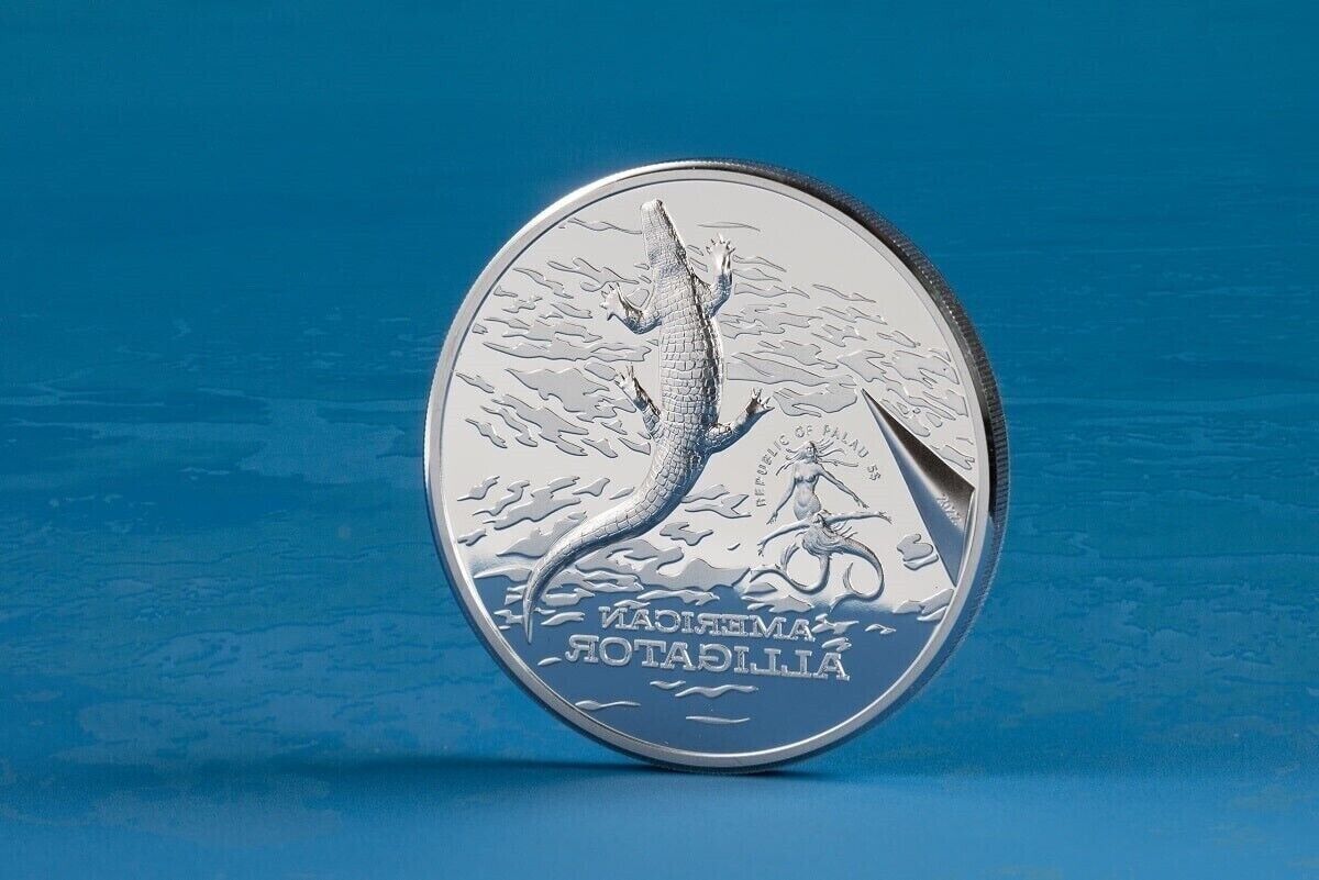 1 Oz Silver Coin 2022 Palau $5 Color Proof American Alligator Ultra High Relief-classypw.com-3