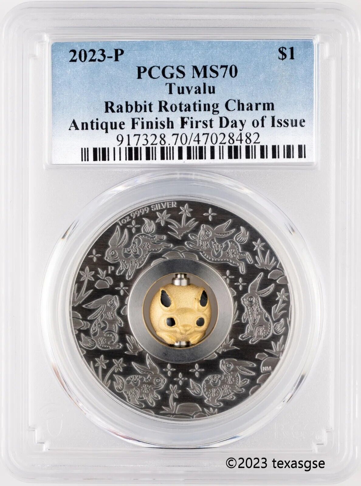 1 Oz Silver Coin 2023 $1 Tuvalu Rabbit Rotating Charm First Day PCGS PR70DCAM-classypw.com-1