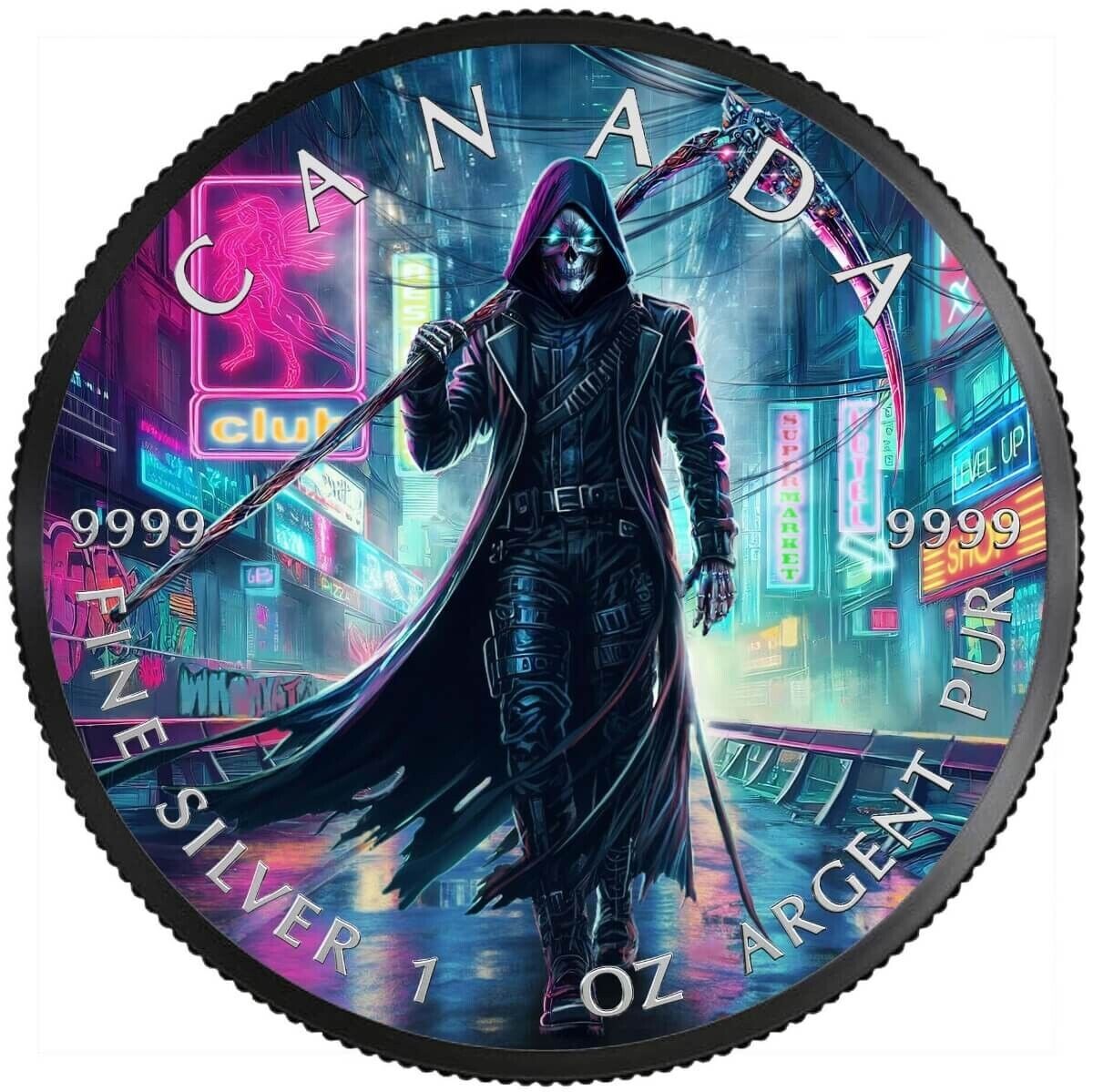 1 Oz Silver Coin 2023 Canada $5 Maple Leaf Grim Reaper Cyberpunk LE of 500