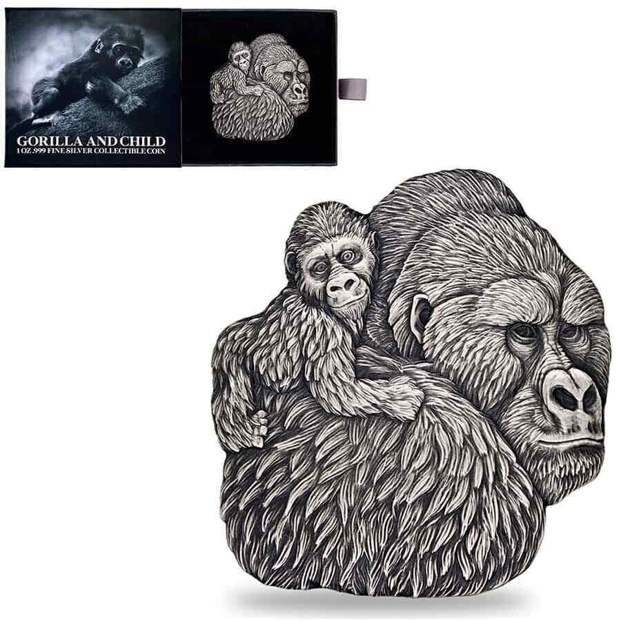 1 Oz Silver Coin 2023 Chad 5000 CFA Gorilla & Child Shaped Antiqued High Relief-classypw.com-1