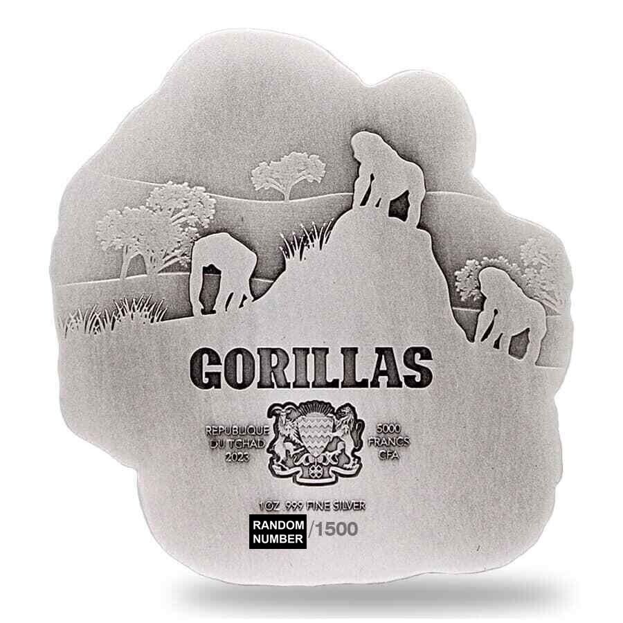 1 Oz Silver Coin 2023 Chad 5000 CFA Gorilla & Child Shaped Antiqued High Relief-classypw.com-3