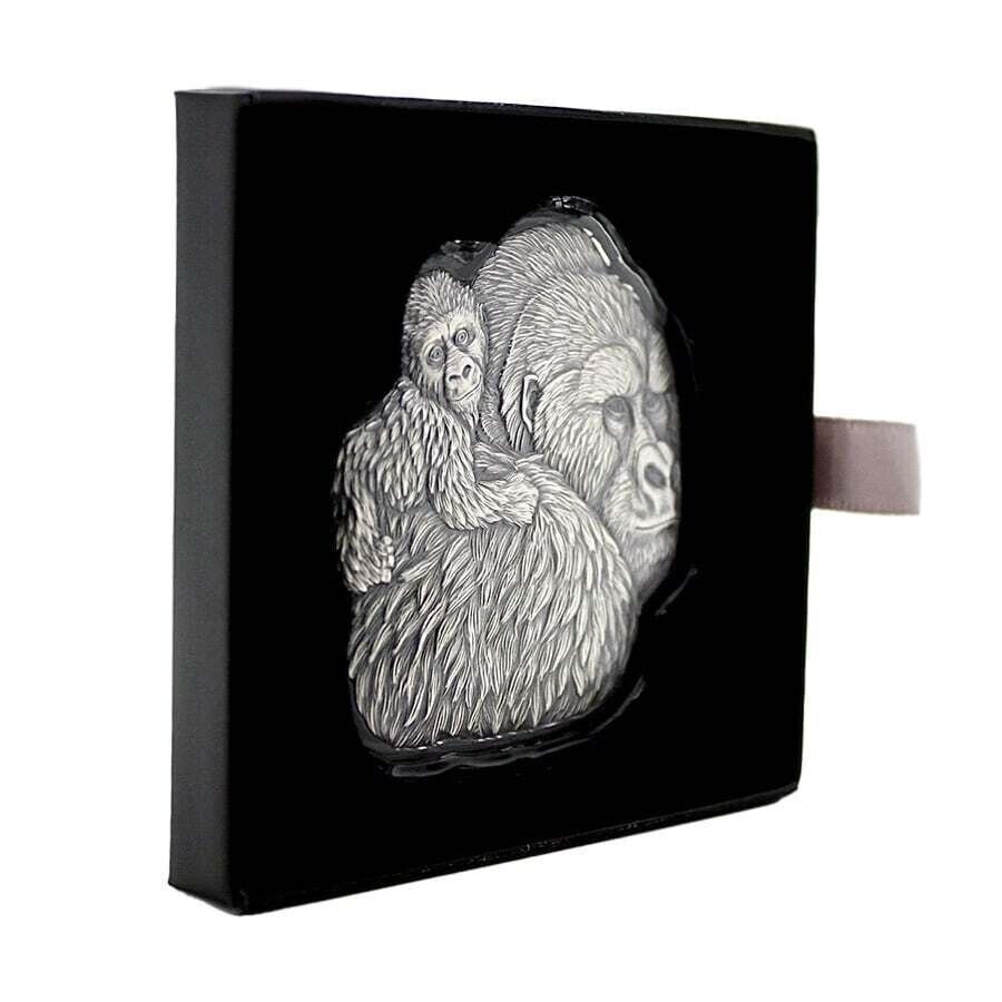 1 Oz Silver Coin 2023 Chad 5000 CFA Gorilla & Child Shaped Antiqued High Relief-classypw.com-4