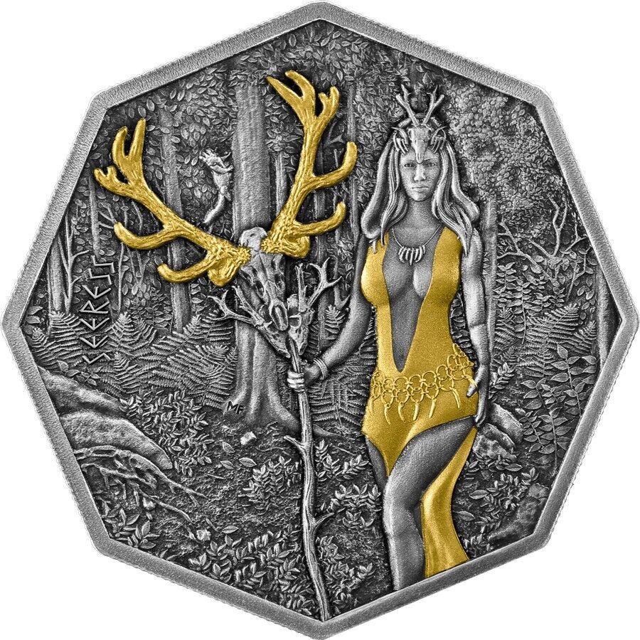 1 Oz Silver Coin 2023 Germania 5 Mark Witchcraft Seeress Ritual Octagonal Gilded-classypw.com-1