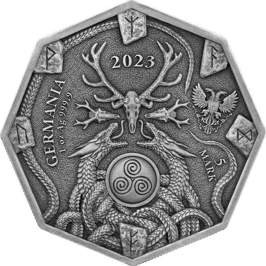 1 Oz Silver Coin 2023 Germania 5 Mark Witchcraft Seeress Ritual Octagonal Gilded-classypw.com-2