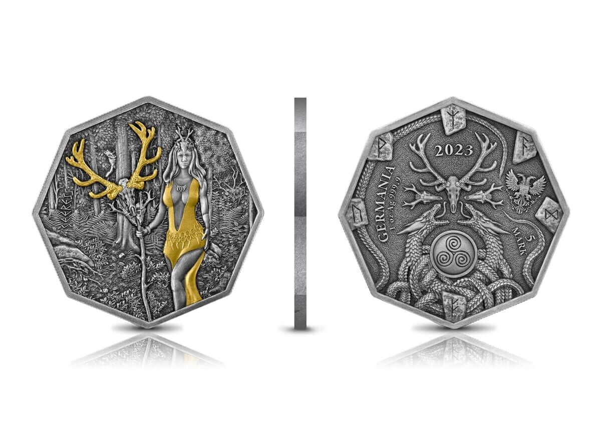 1 Oz Silver Coin 2023 Germania 5 Mark Witchcraft Seeress Ritual Octagonal Gilded-classypw.com-3