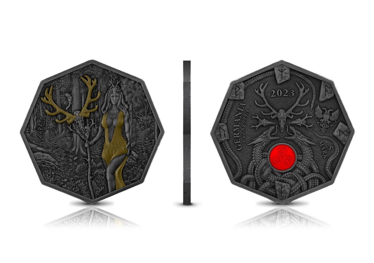 1 Oz Silver Coin 2023 Germania 5 Mark Witchcraft Seeress Ritual Octagonal Gilded-classypw.com-4