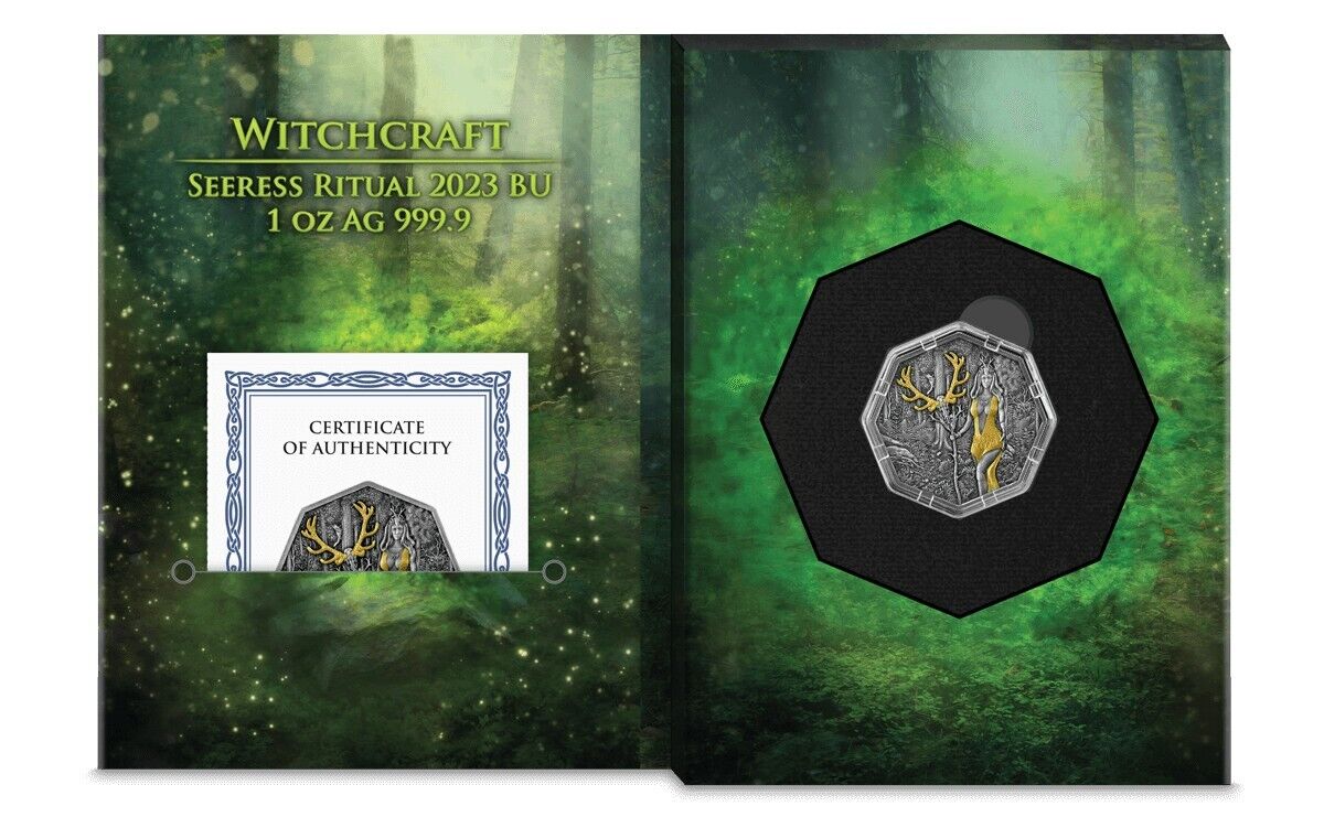 1 Oz Silver Coin 2023 Germania 5 Mark Witchcraft Seeress Ritual Octagonal Gilded-classypw.com-6