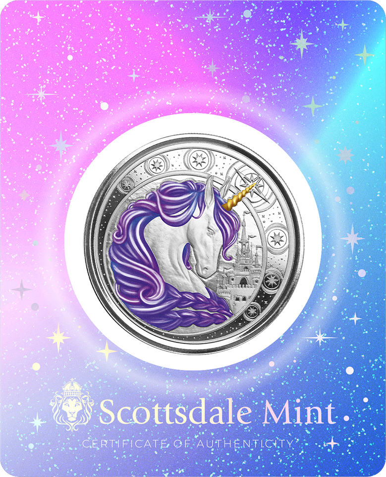 1 Oz Silver Coin 2023 Ghana 5 Cedis Unicorn Aurora Color - Purple #1999/2000-classypw.com-1