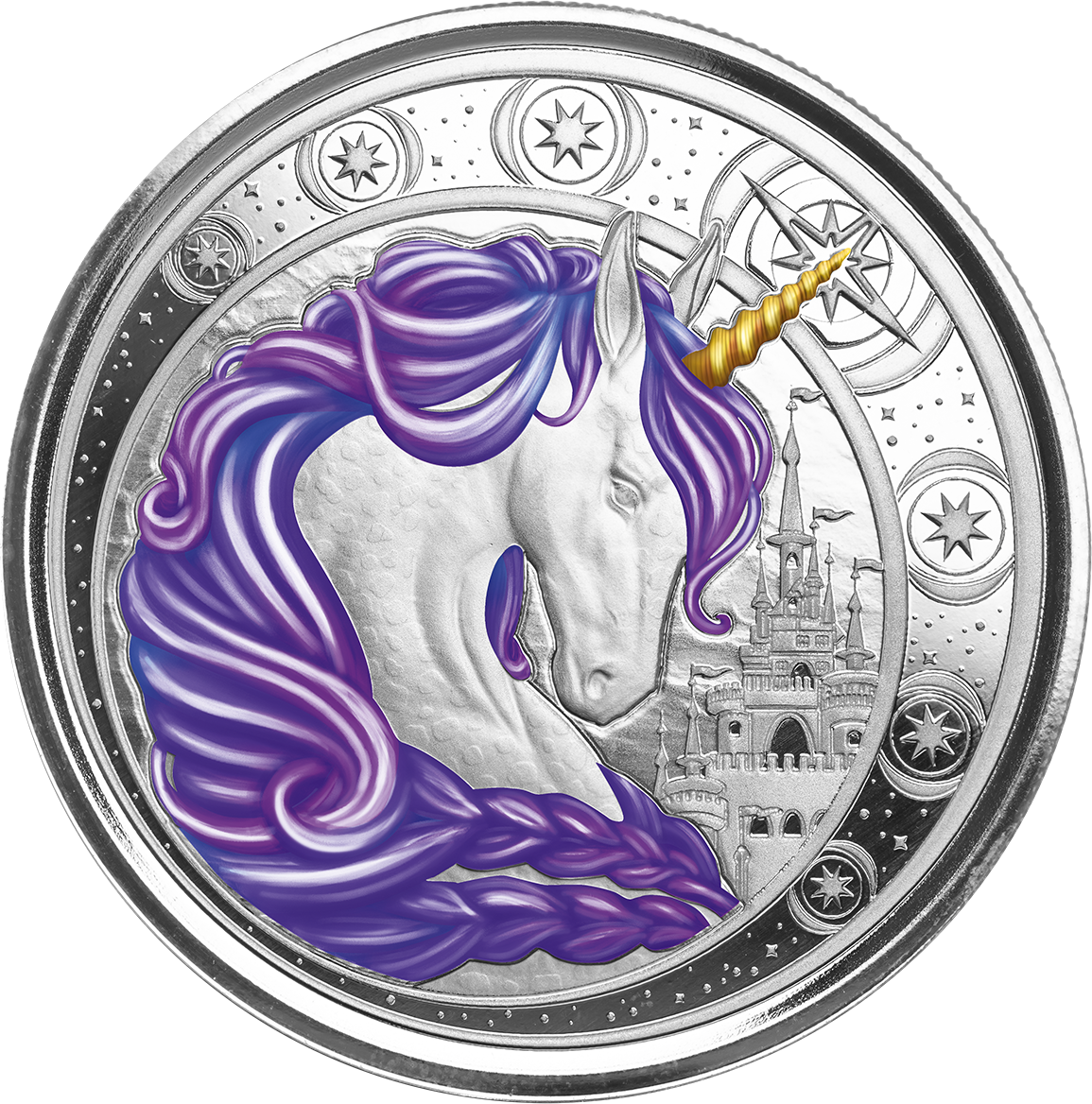 1 Oz Silver Coin 2023 Ghana 5 Cedis Unicorn Aurora Color - Purple #1999/2000-classypw.com-5