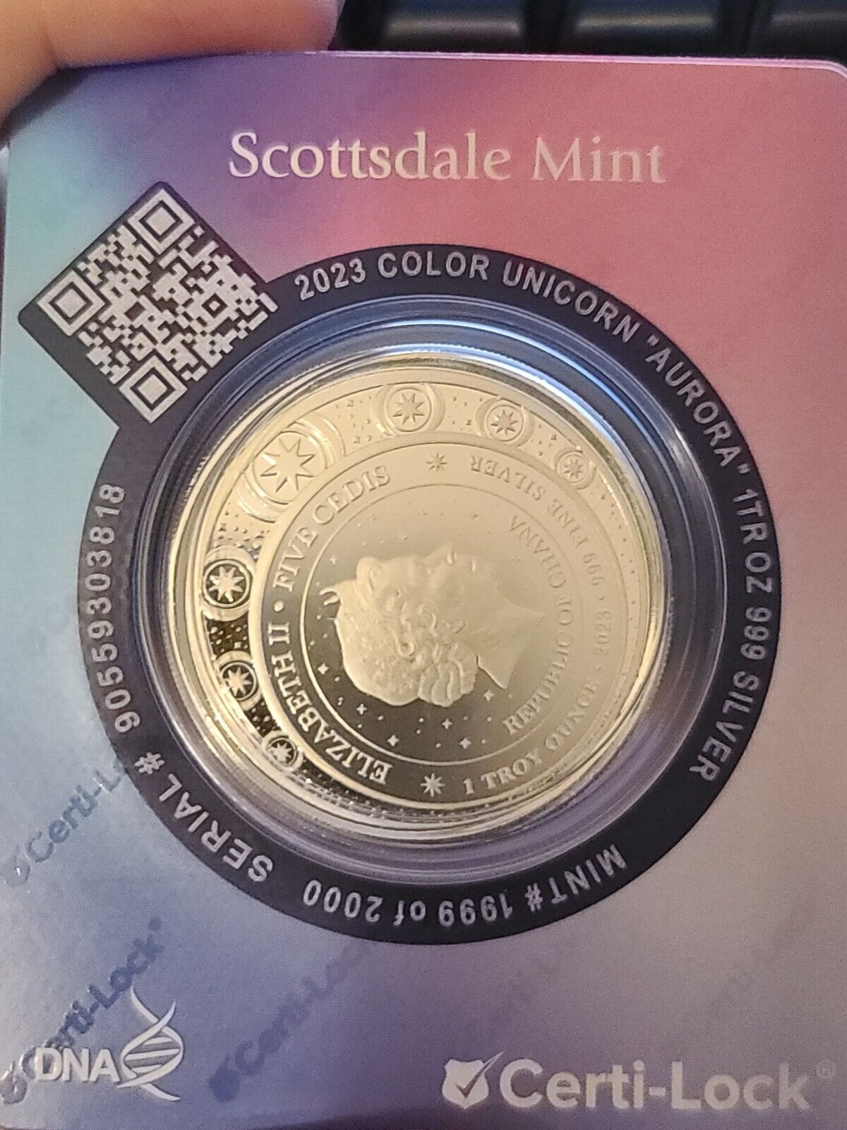 1 Oz Silver Coin 2023 Ghana 5 Cedis Unicorn Aurora Color - Purple #1999/2000-classypw.com-8