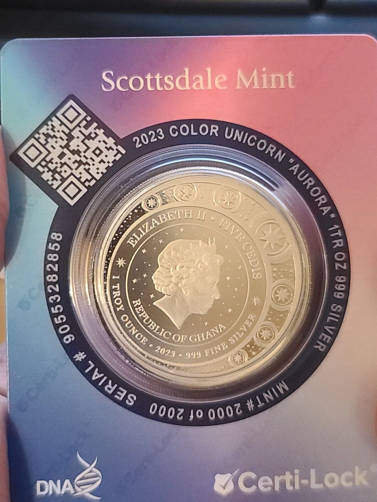 1 Oz Silver Coin 2023 Ghana 5 Cedis Unicorn Aurora Color Purple #2000/2000 WOW!-classypw.com-8