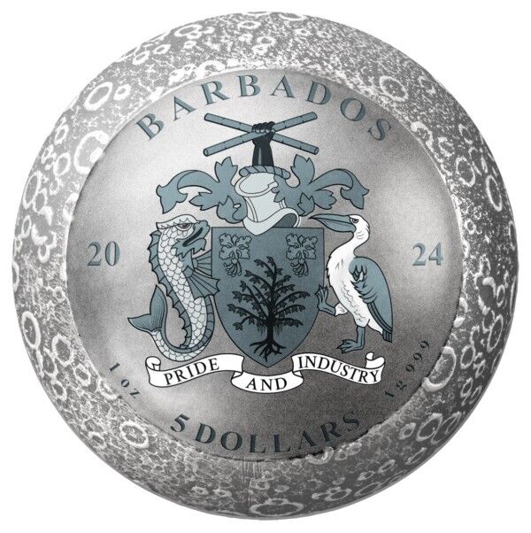 1 Oz Silver Coin 2024 Barbados $5 55th Ann. Moon Landing Spherical Shaped Coin