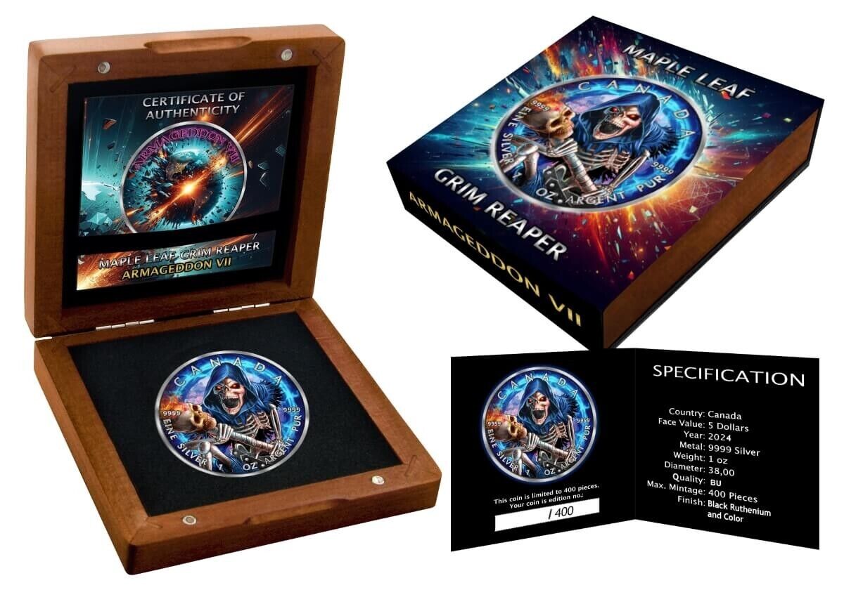 1 Oz Silver Coin 2024 Canada $5 Maple Leaf Grim Reaper Armageddon VII LE 400