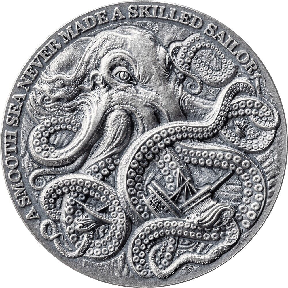 1 Oz Silver Coin 2024 Ghana 5 cedis Life Quotes Kraken High Relief Antiqued-classypw.com-1