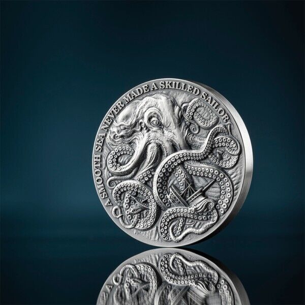 1 Oz Silver Coin 2024 Ghana 5 cedis Life Quotes Kraken High Relief Antiqued-classypw.com-3