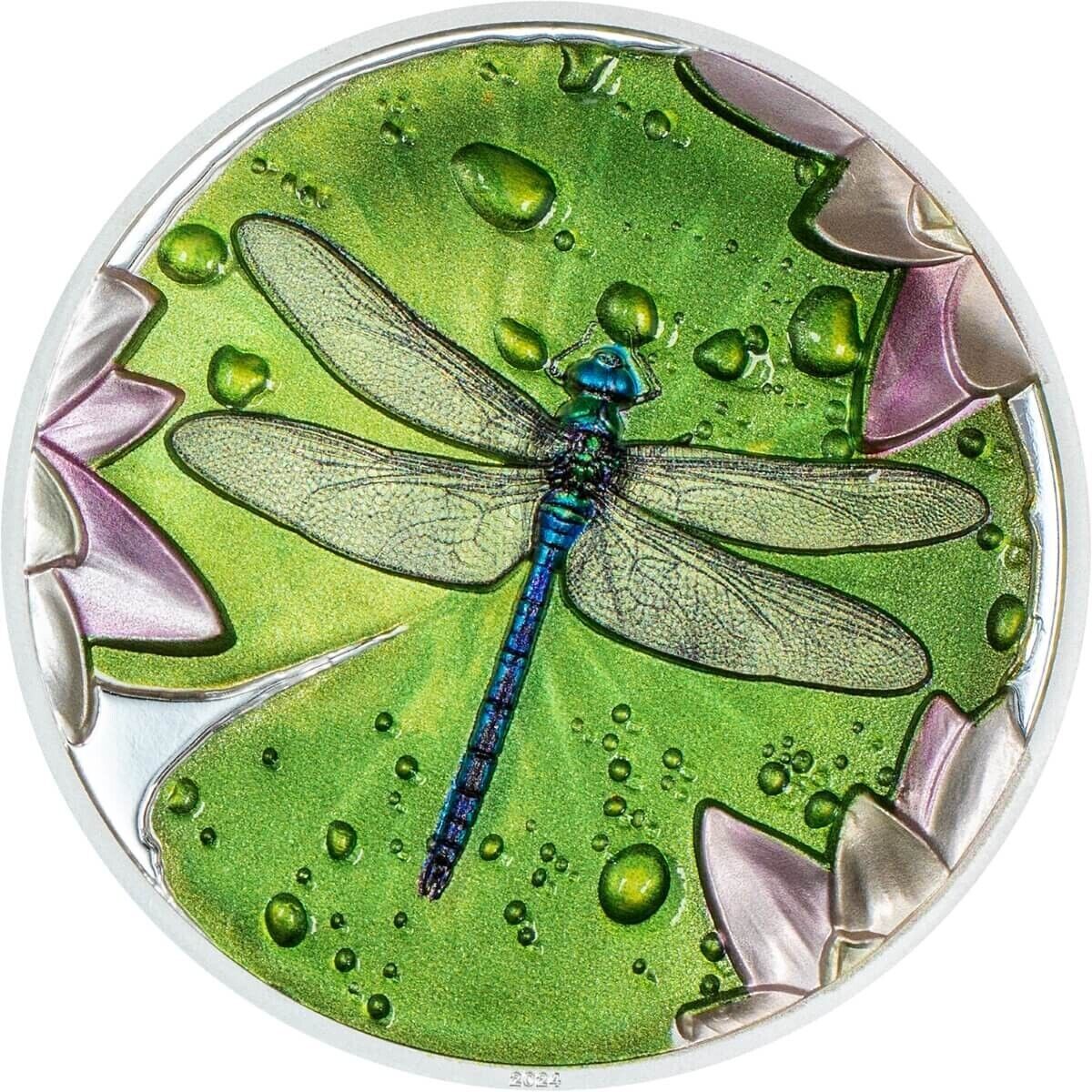 1 Oz Silver Coin 2024 Palau $5 Color Proof Lily Pad Dragonfly Ultra High Relief-classypw.com-1