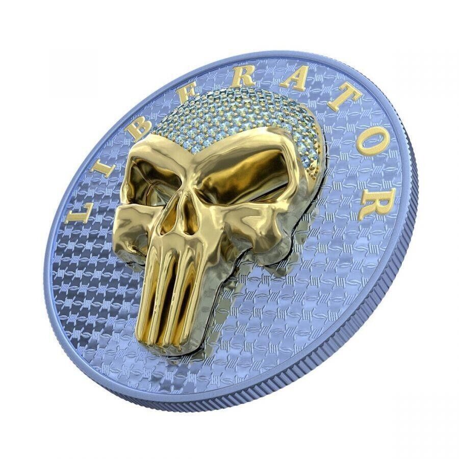 1 Oz Silver Coin Dark Side 2021 THE LIBERATOR Skull Gold / Light Blue Swarovski-classypw.com-1