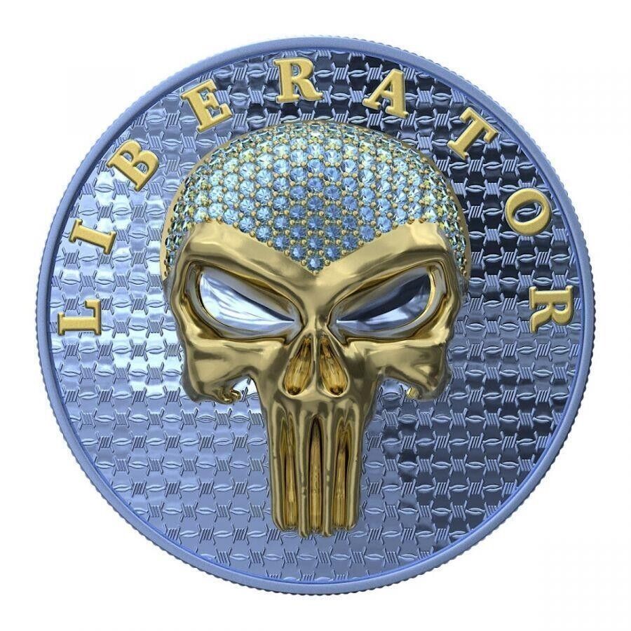 1 Oz Silver Coin Dark Side 2021 THE LIBERATOR Skull Gold / Light Blue Swarovski-classypw.com-2