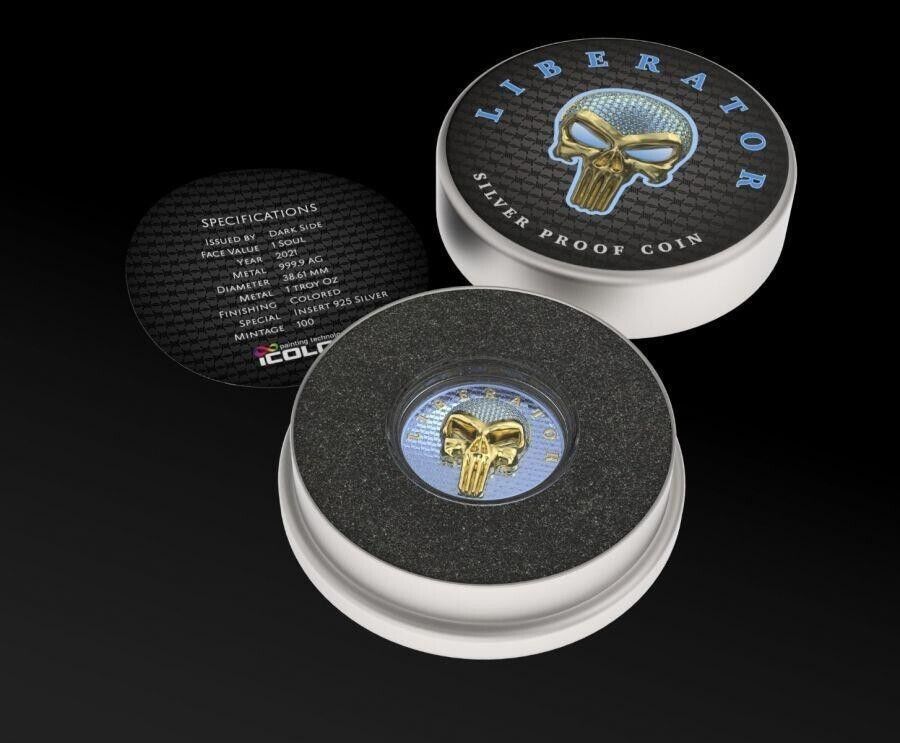 1 Oz Silver Coin Dark Side 2021 THE LIBERATOR Skull Gold / Light Blue Swarovski-classypw.com-4