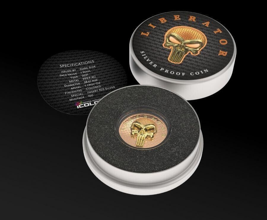 1 Oz Silver Coin Dark Side 2021 THE LIBERATOR Skull Gold / Orange Swarovski-classypw.com-4