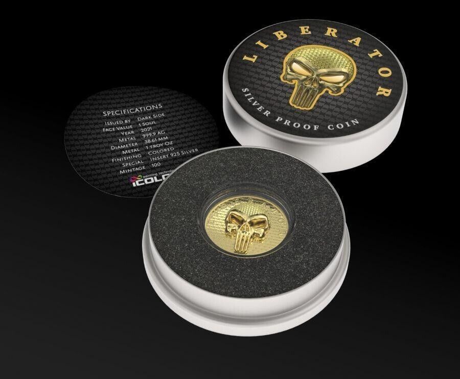 1 Oz Silver Coin Dark Side 2021 THE LIBERATOR Skull Gold / Yellow Swarovski-classypw.com-4