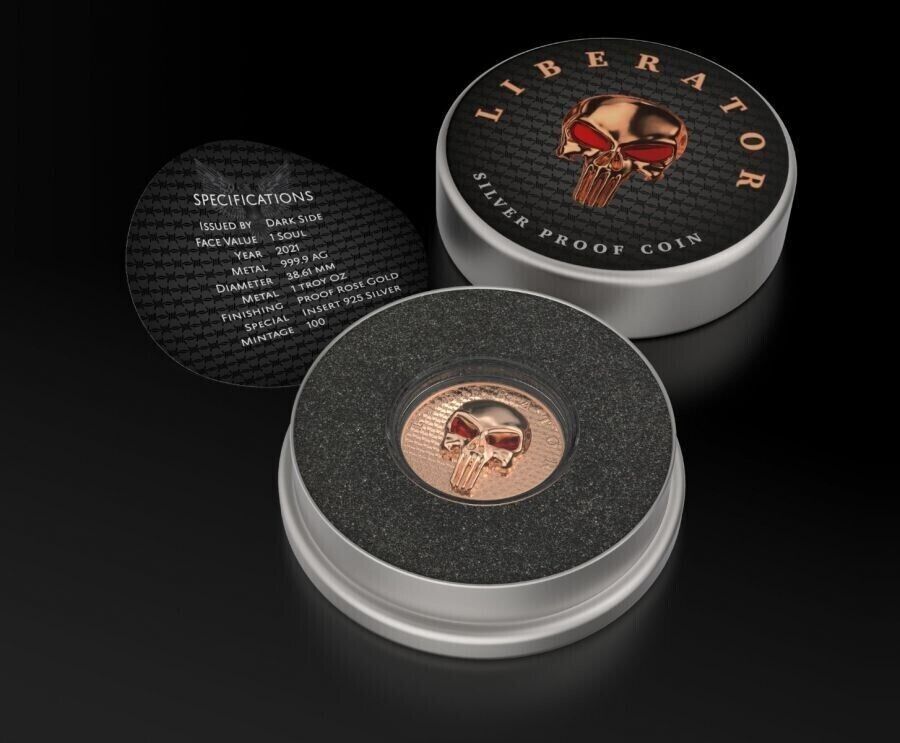 1 Oz Silver Coin Dark Side 2021 THE LIBERATOR Skull Proof Rose Gold Enamel Eyes-classypw.com-4