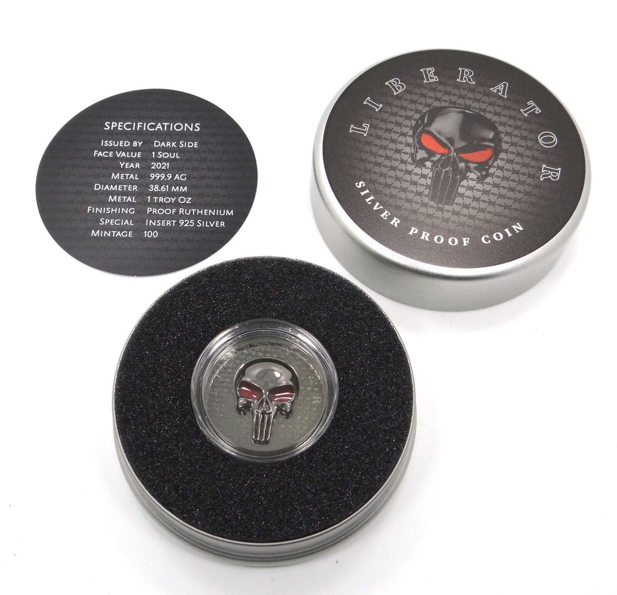 1 Oz Silver Coin Dark Side 2021 THE LIBERATOR Skull Proof Ruthenium Enamel Eyes-classypw.com-5