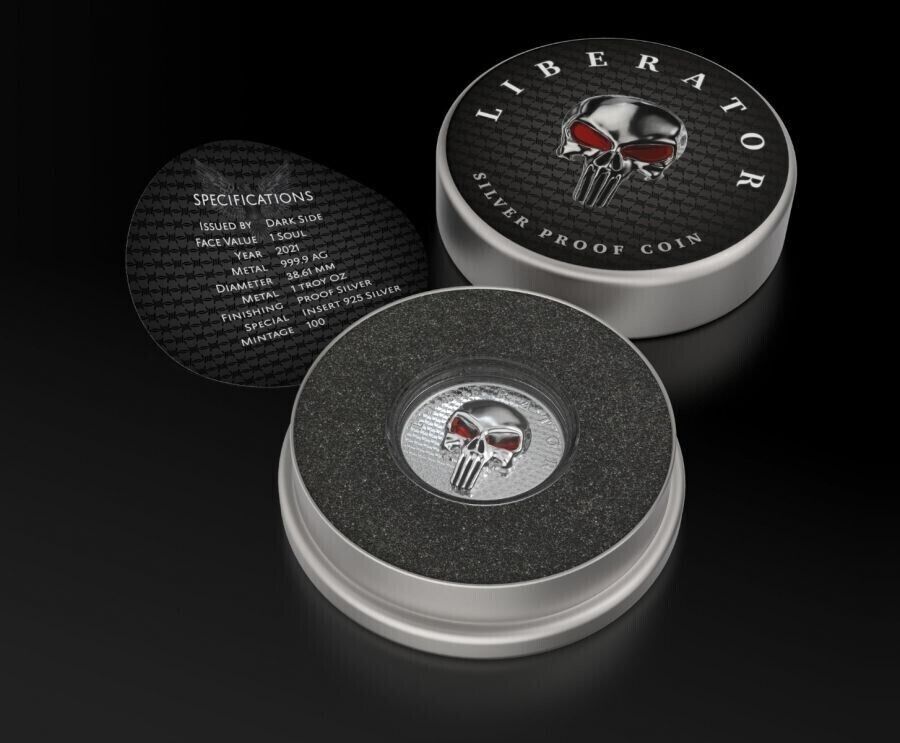 1 Oz Silver Coin Dark Side 2021 THE LIBERATOR Skull Proof Silver / Enamel Eyes-classypw.com-4