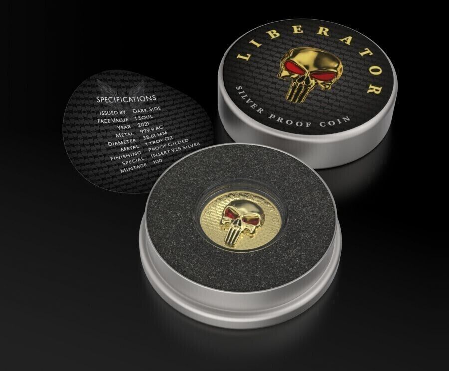 1 Oz Silver Coin Dark Side 2021 THE LIBERATOR Skull Proof Yellow Gold Enamel Eye-classypw.com-4