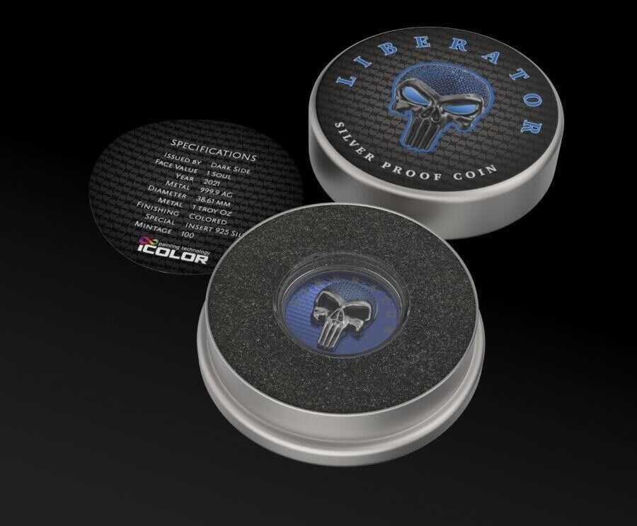 1 Oz Silver Coin Dark Side 2021 THE LIBERATOR Skull Ruthenium / Blue Swarovski-classypw.com-4