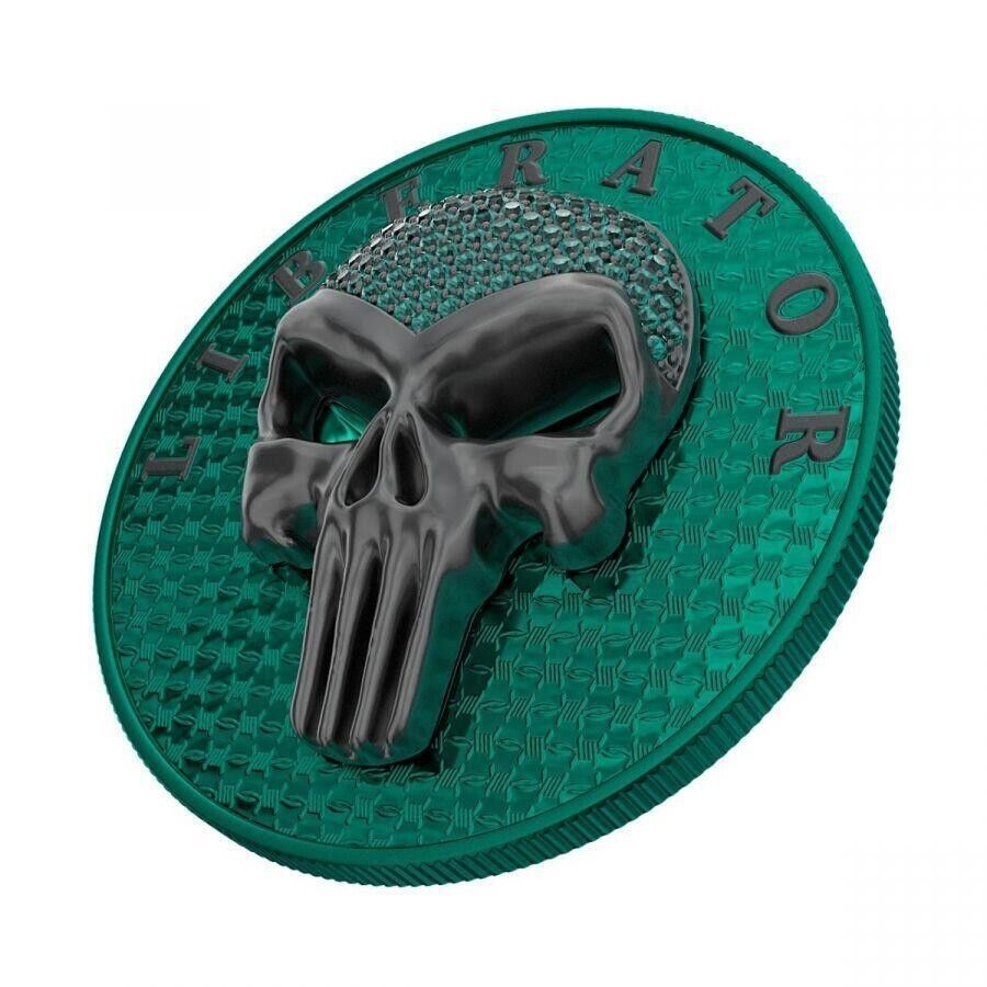 1 Oz Silver Coin Dark Side 2021 THE LIBERATOR Skull Ruthenium / Green Swarovski-classypw.com-1
