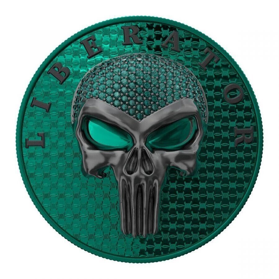 1 Oz Silver Coin Dark Side 2021 THE LIBERATOR Skull Ruthenium / Green Swarovski-classypw.com-2