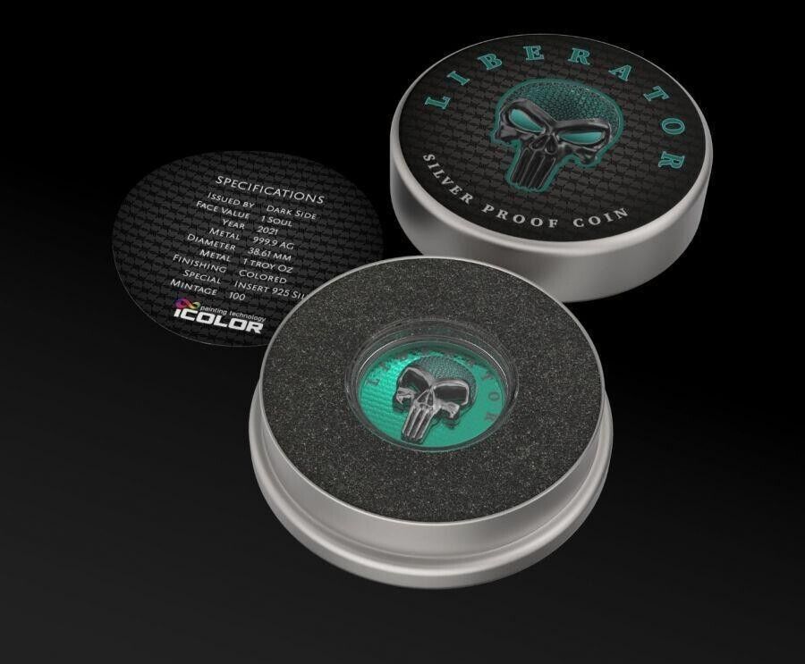 1 Oz Silver Coin Dark Side 2021 THE LIBERATOR Skull Ruthenium / Green Swarovski-classypw.com-4