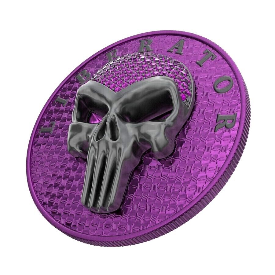 1 Oz Silver Coin Dark Side 2021 THE LIBERATOR Skull Ruthenium / Purple Swarovski-classypw.com-1