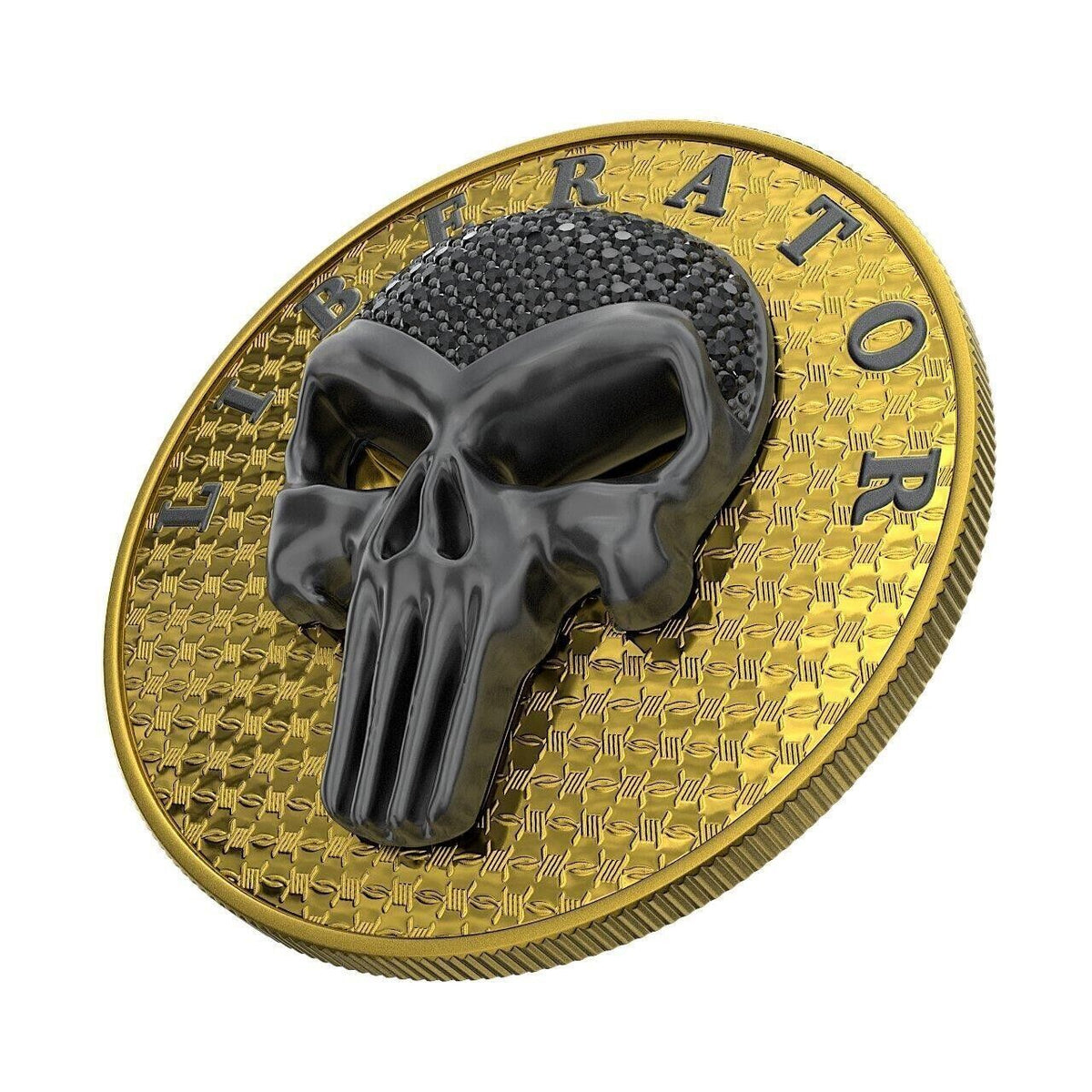 1 Oz Silver Coin Dark Side 2021 THE LIBERATOR Skull Ruthenium / Yellow Swarovski-classypw.com-1